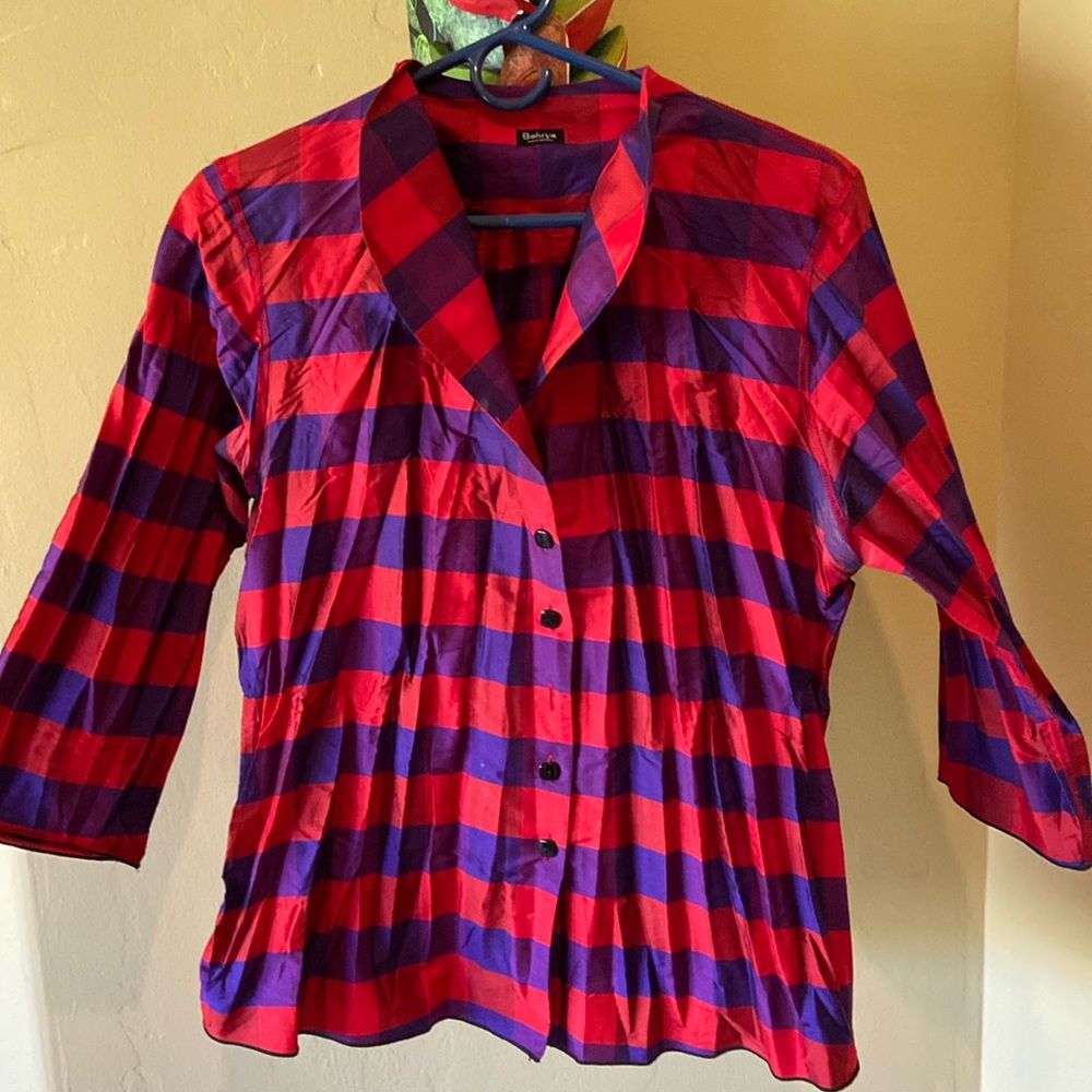 Beluva San Francisco Red/Purple Plaid Wrinkle Blouse - Large